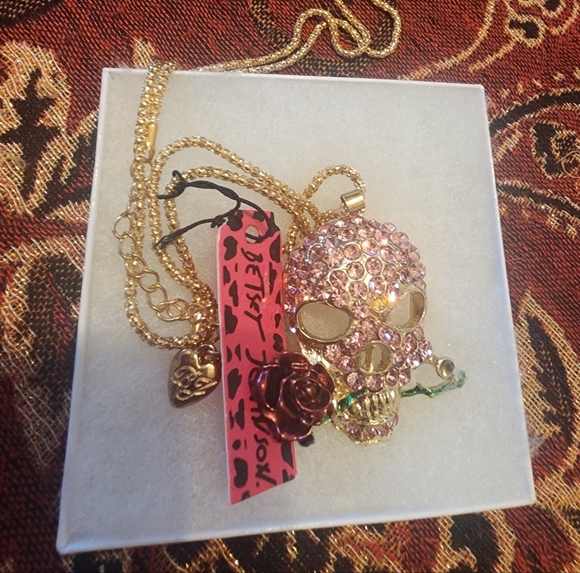 Betsy Johnson  Gold and Pink Skull Necklace 30" - Picture 1 of 2